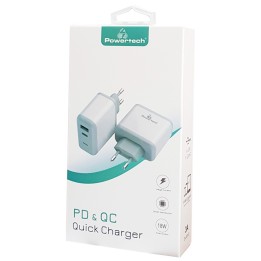 POWERTECH Φορτιστής Τοίχου PT-708, 1x USB, 1x Type-C, 18W, 3A, λευκό