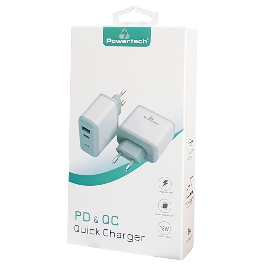 POWERTECH Φορτιστής Τοίχου PT-708, 1x USB, 1x Type-C, 18W, 3A, λευκό