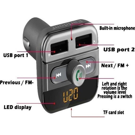 EARLDOM FM TRANSMITTER WIRELESS MP3 AND CHARGER AUX AUDIO OUTPUT CAR KIT 3.4A ET-M11