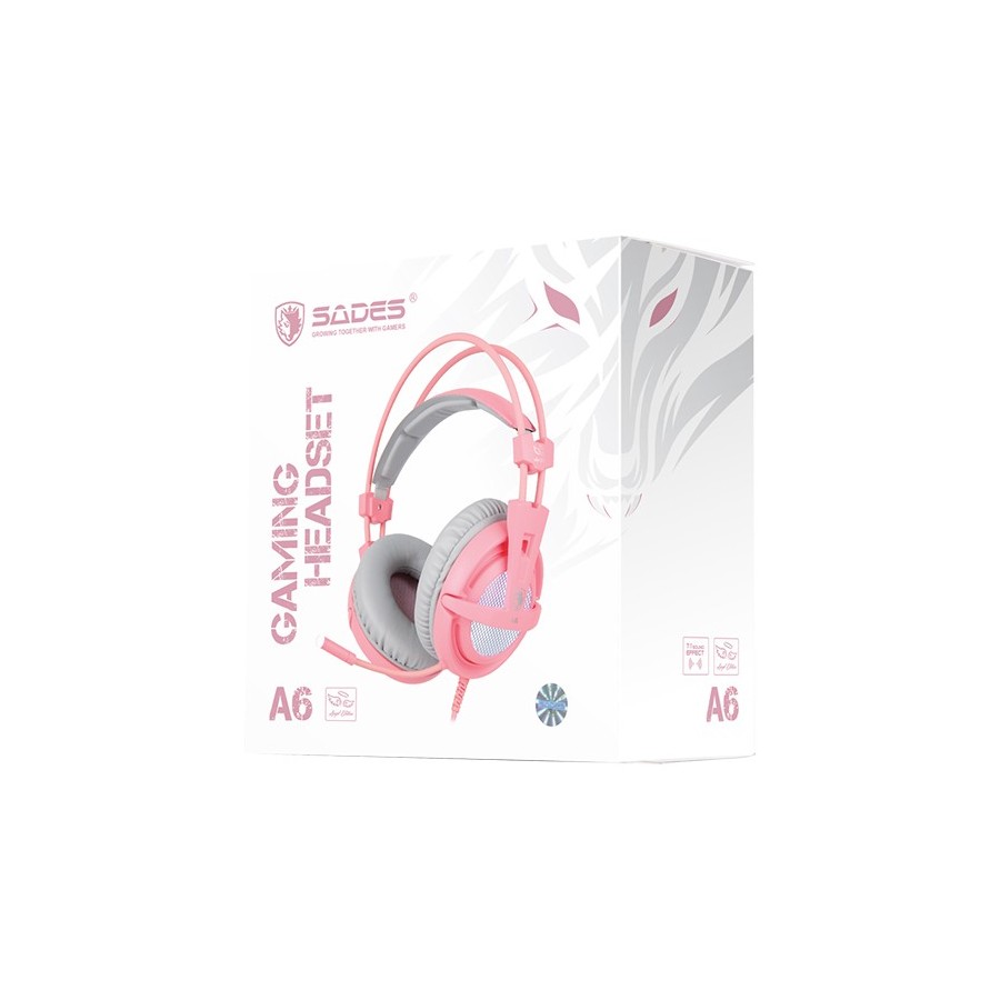 SADES Gaming Headset A6, multiplatform, USB, LED, ροζ