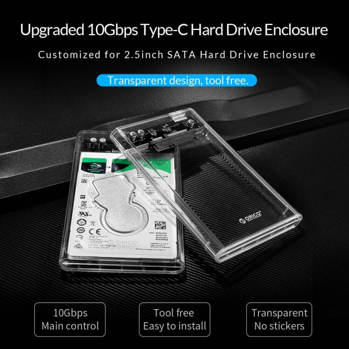 ORICO εξωτερική θήκη για 2.5" HDD 2139C3, USB 3.1, 10Gbps, 4TB, διάφανη