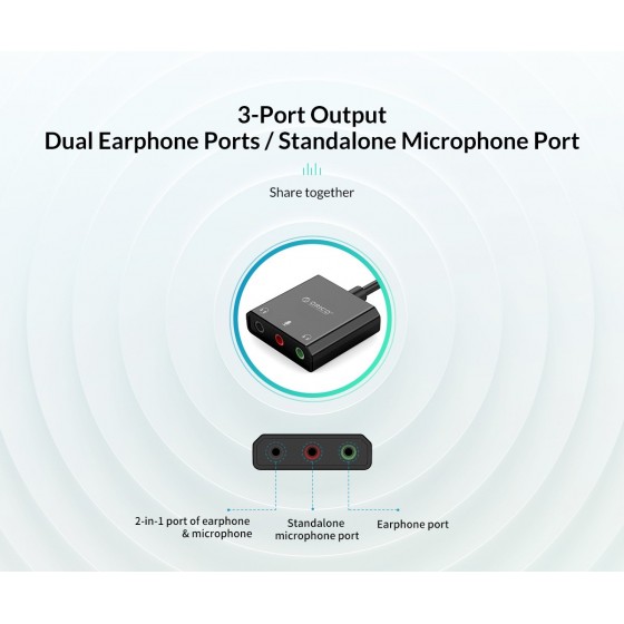 ORICO USB κάρτα ήχου SKT3, USB2.0, 3x 3.5mm, μαύρο