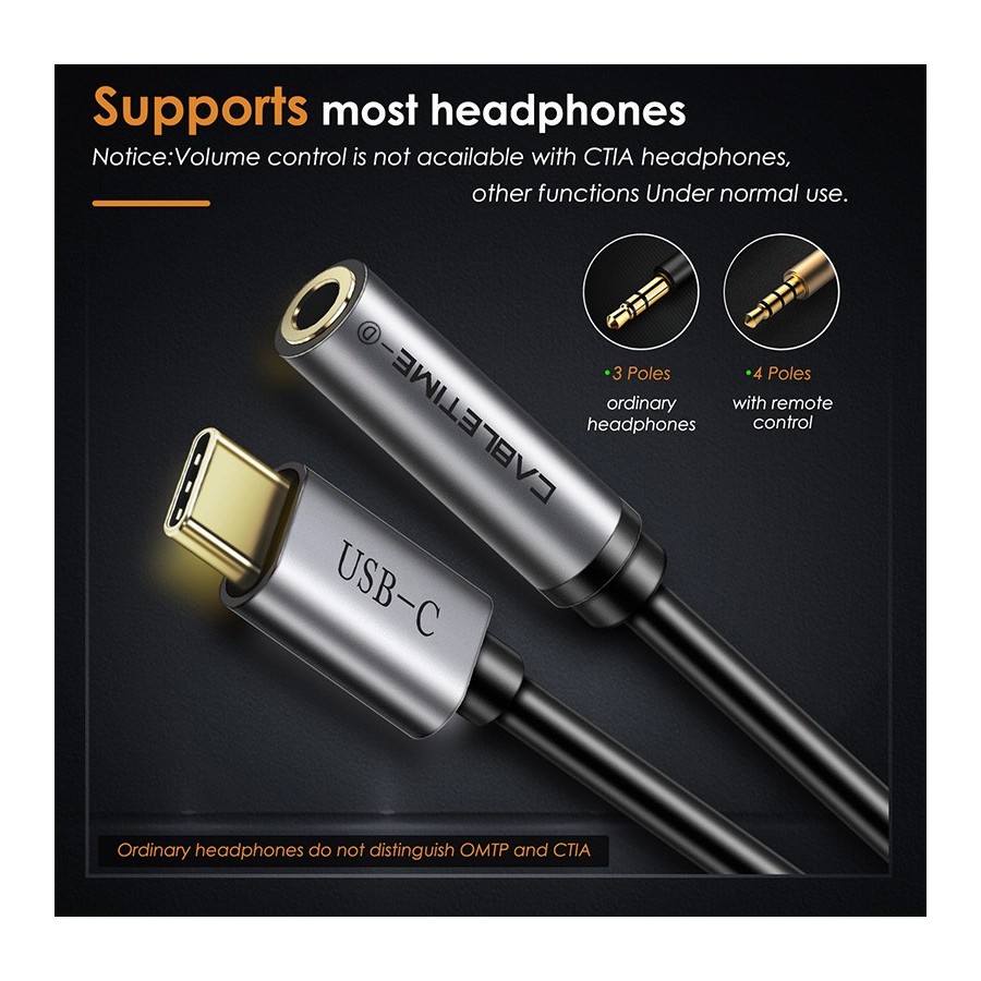 CABLETIME καλώδιο USB Type-C σε 3.5mm C160, Digital Version, 0.1m, μαύρο