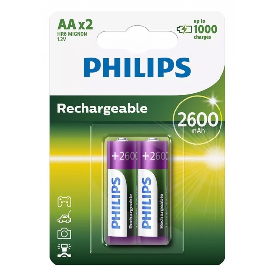 PHILIPS επαναφορτιζόμενη μπαταρία R6B2A260 2600mAh, AA HR6 Mignon, 2τμχ