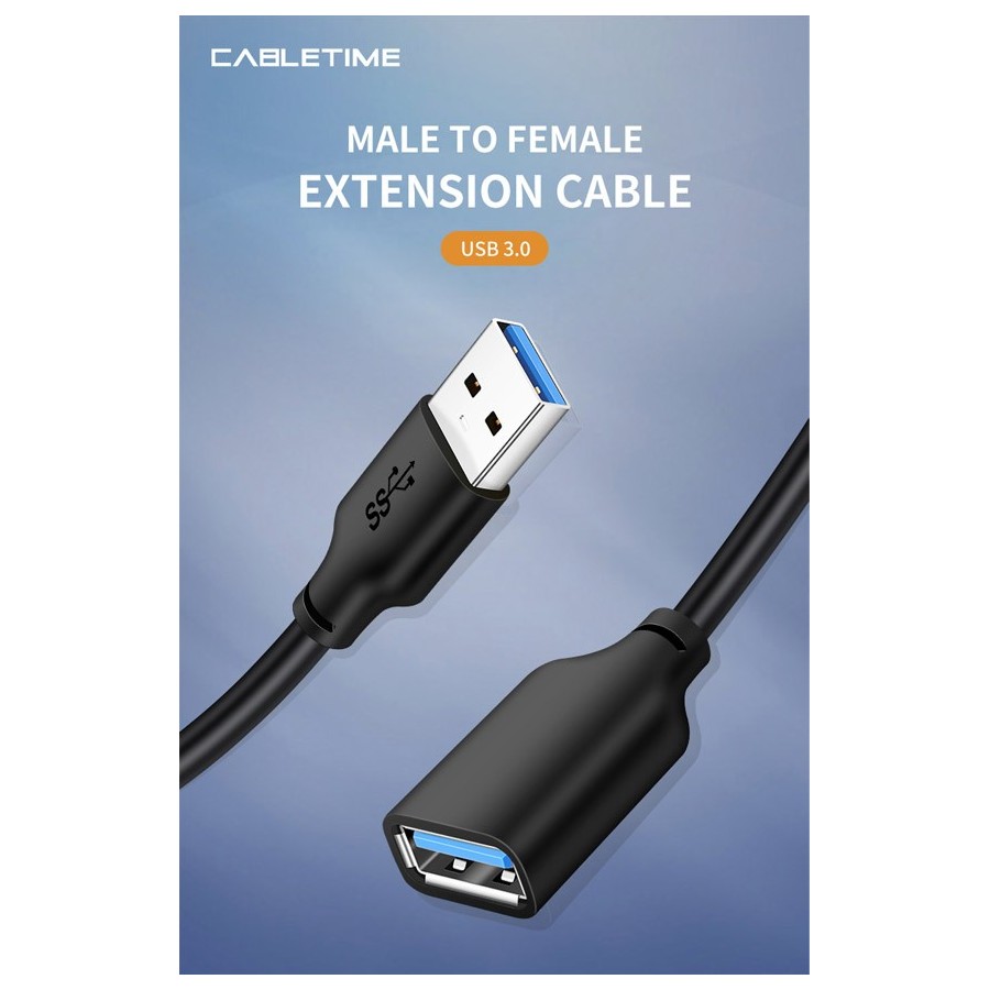 CABLETIME καλώδιο USB 3.0 αρσενικό σε θηλυκό C160, 5Gbps, 1m, μαύρο