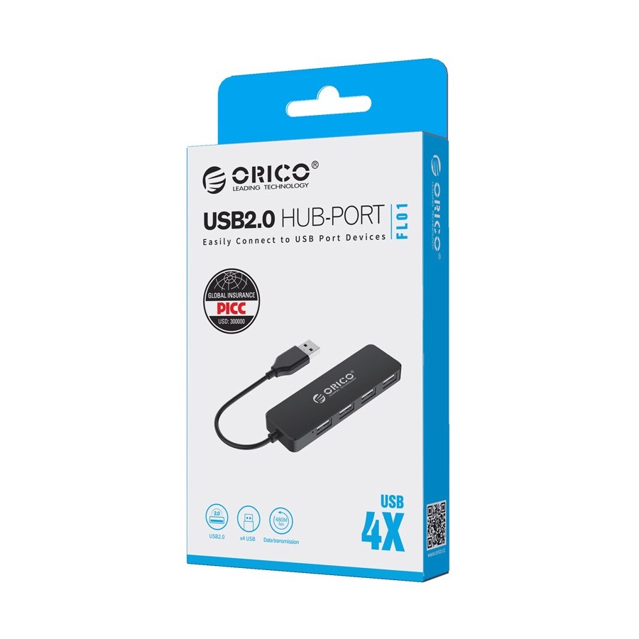 ORICO USB 2.0 Hub FL01, 4x USB, μαύρο