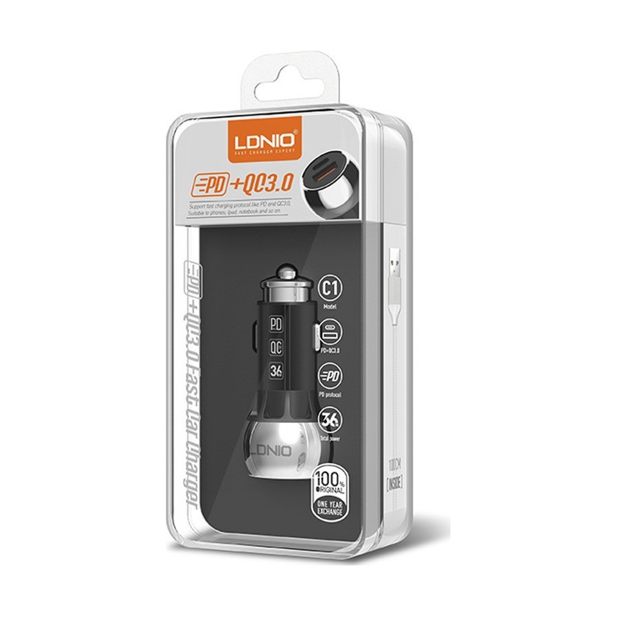 Ldnio Φορτιστής Αυτοκινήτου Γκρι C1 Γρήγορης Φόρτισης με Θύρες: 1xUSB + 1xTYPE C