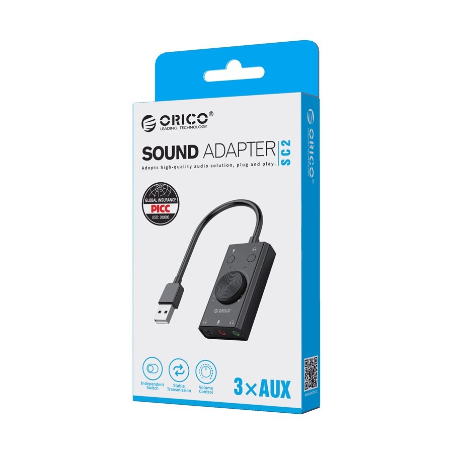ORICO USB κάρτα ήχου SC2, USB 2.0, 3x 3.5mm, volume control, μαύρο