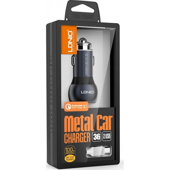 Ldnio Φορτιστής Αυτοκινήτου Γκρι C503Q Συνολικής Έντασης 3A Γρήγορης Φόρτισης με Θύρες: 2xUSB μαζί με Καλώδιο lightning(14748)