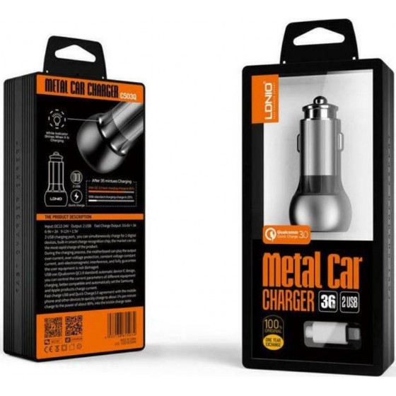 Ldnio Φορτιστής Αυτοκινήτου Γκρι C503Q Συνολικής Έντασης 3A Γρήγορης Φόρτισης με Θύρες: 2xUSB μαζί με Καλώδιο lightning(14748)
