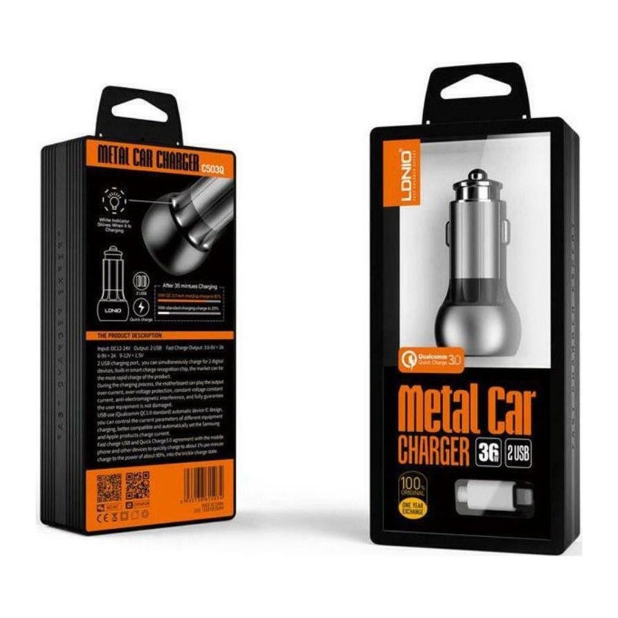 Ldnio Φορτιστής Αυτοκινήτου Γκρι C503Q Συνολικής Έντασης 3A Γρήγορης Φόρτισης με Θύρες: 2xUSB μαζί με Καλώδιο lightning(14748)