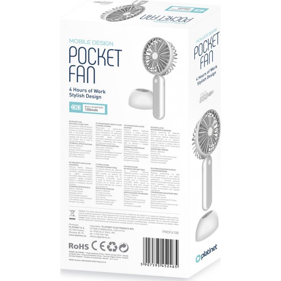 Platinet Rechargeable Desk Fan 1200 mah White/Grey(PRDF6108)