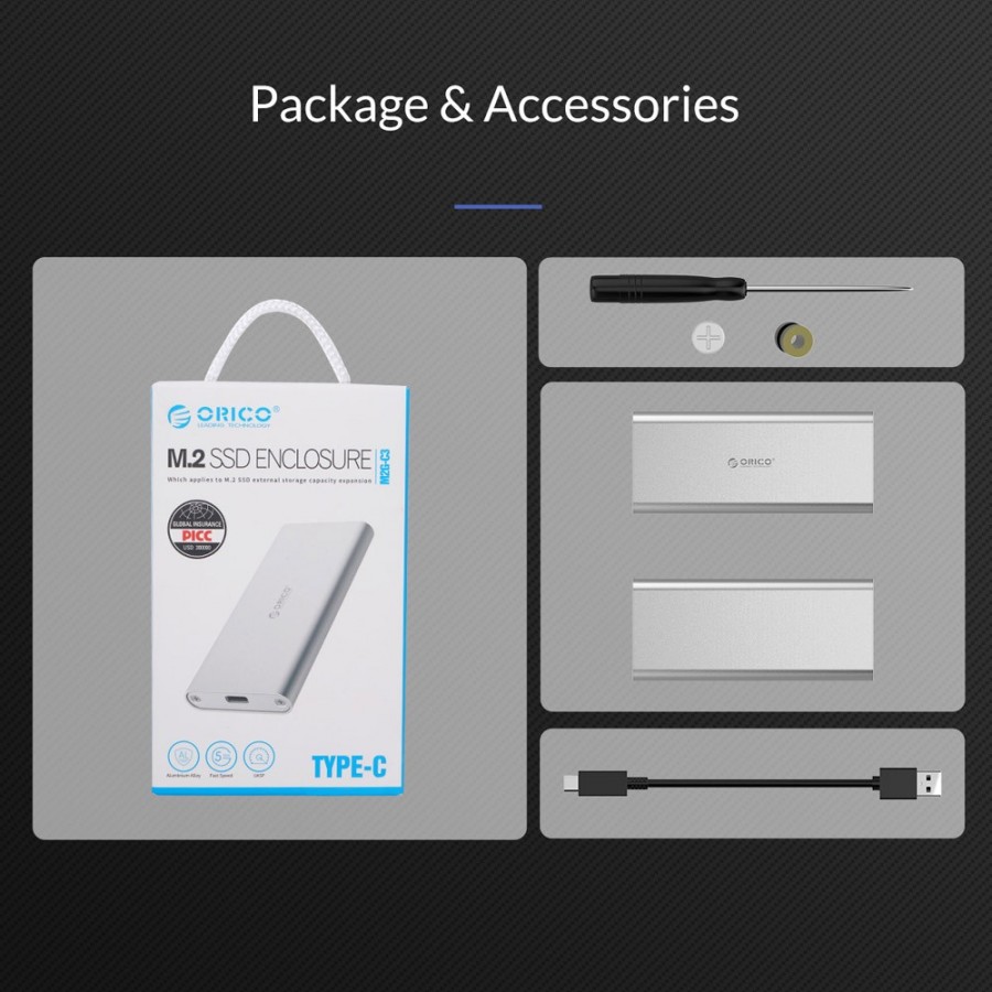 ORICO θήκη για Μ.2 B key SSD M2G-C3, USB 3.1, έως 2TB, ασημί