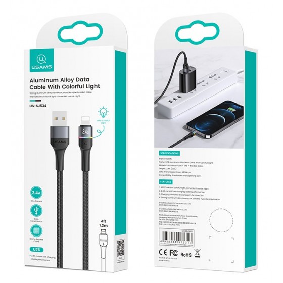 USAMS καλώδιο Lightning σε USB US-SJ534 με φωτισμό, 2.4A, 1.2m, μαύρο