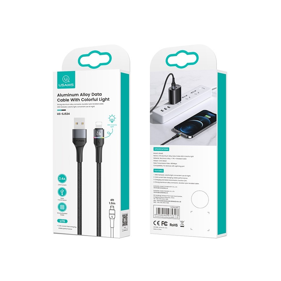 USAMS καλώδιο Lightning σε USB US-SJ534 με φωτισμό, 2.4A, 1.2m, μαύρο