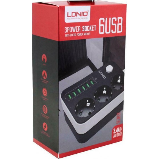 Ldnio SC3631 Πολύπριζο 3 Θέσεων με Διακόπτη, 6 USB και Καλώδιο 1.6m Μαύρο(14365)