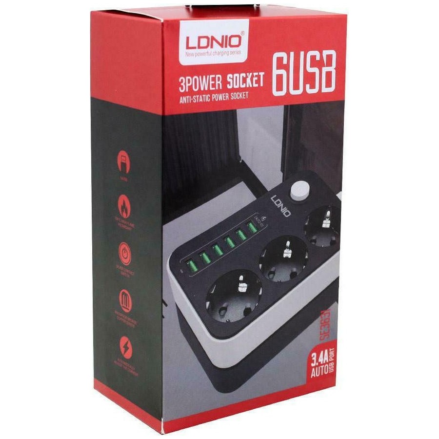 Ldnio SC3631 Πολύπριζο 3 Θέσεων με Διακόπτη, 6 USB και Καλώδιο 1.6m Μαύρο(14365)