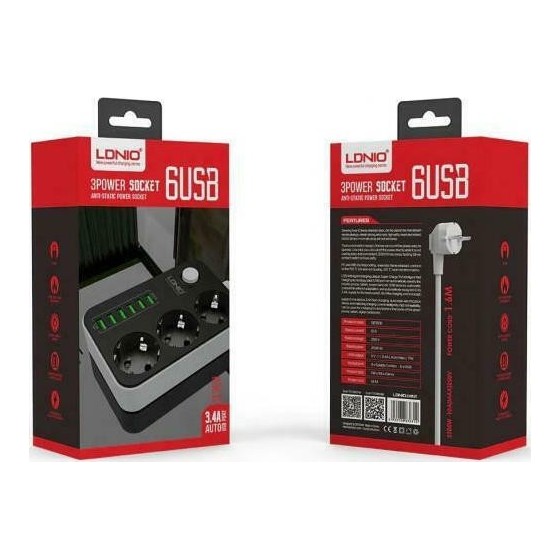 Ldnio SC3631 Πολύπριζο 3 Θέσεων με Διακόπτη, 6 USB και Καλώδιο 1.6m Μαύρο(14365)