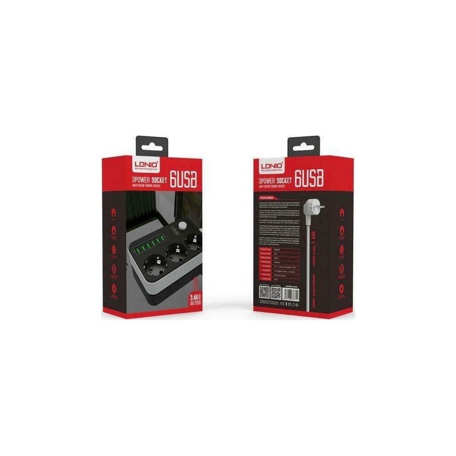 Ldnio SC3631 Πολύπριζο 3 Θέσεων με Διακόπτη, 6 USB και Καλώδιο 1.6m Μαύρο(14365)