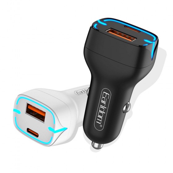 Earldom Φορτιστής Αυτοκινήτου Λευκός ES-CC2 Γρήγορης Φόρτισης με Θύρες: 1xUSB 1xType-C μαζί με Καλώδιο Type-C