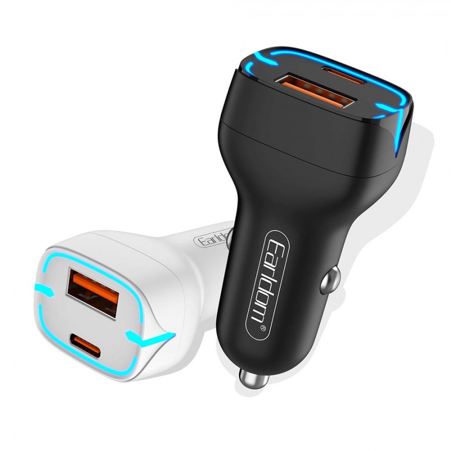 Earldom Φορτιστής Αυτοκινήτου Λευκός ES-CC2 Γρήγορης Φόρτισης με Θύρες: 1xUSB 1xType-C μαζί με Καλώδιο Type-C