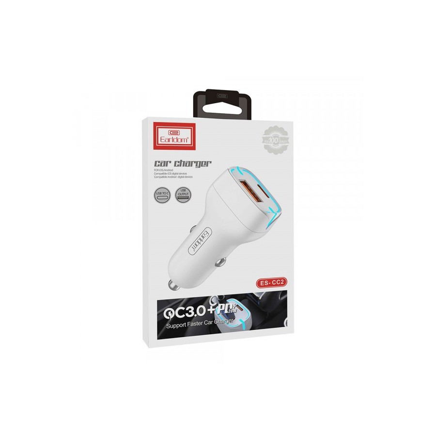 Earldom Φορτιστής Αυτοκινήτου Λευκός ES-CC2 Γρήγορης Φόρτισης με Θύρες: 1xUSB 1xType-C μαζί με Καλώδιο Type-C