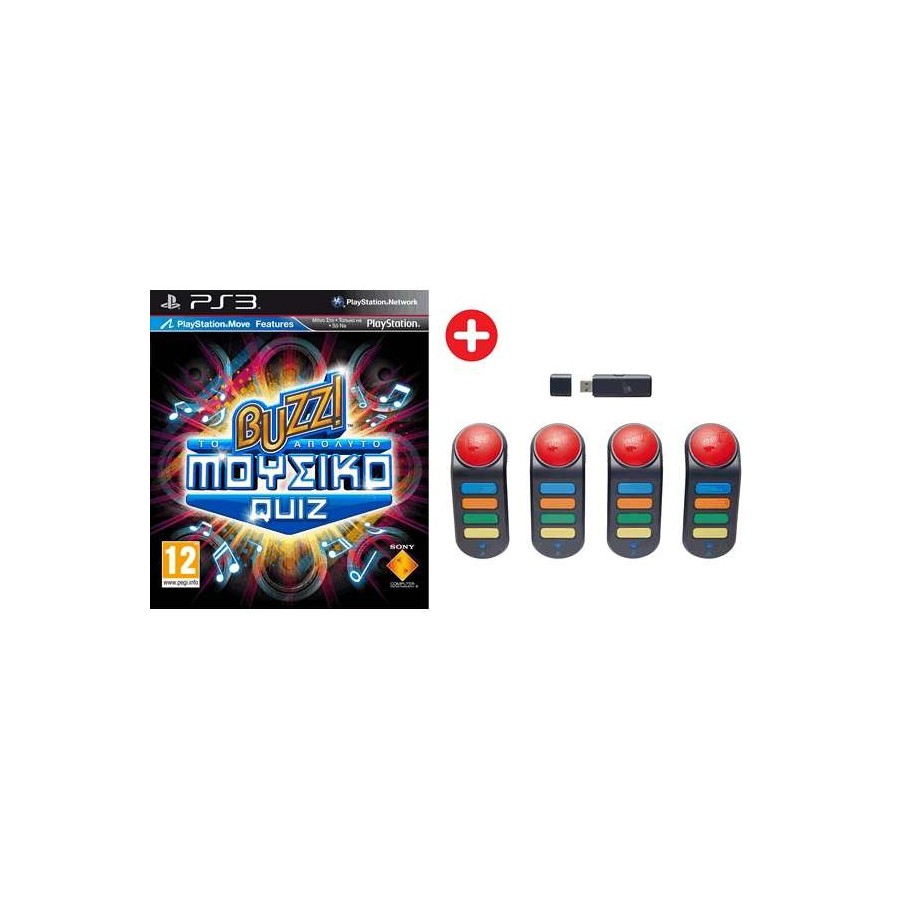 PS3 GAME - BUZZ! ΤΟ ΑΠΟΛΥΤΟ ΜΟΥΣΙΚΟ QUIZ + 4 Wireless Buzzers Used-Μεταχειρισμένο
