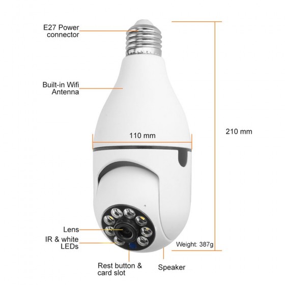 Smart security camera No brand PST-F1-3MP, 3.0Mp, PTZ, For socket E27, Wi-Fi, Tuya Smart, White (910290