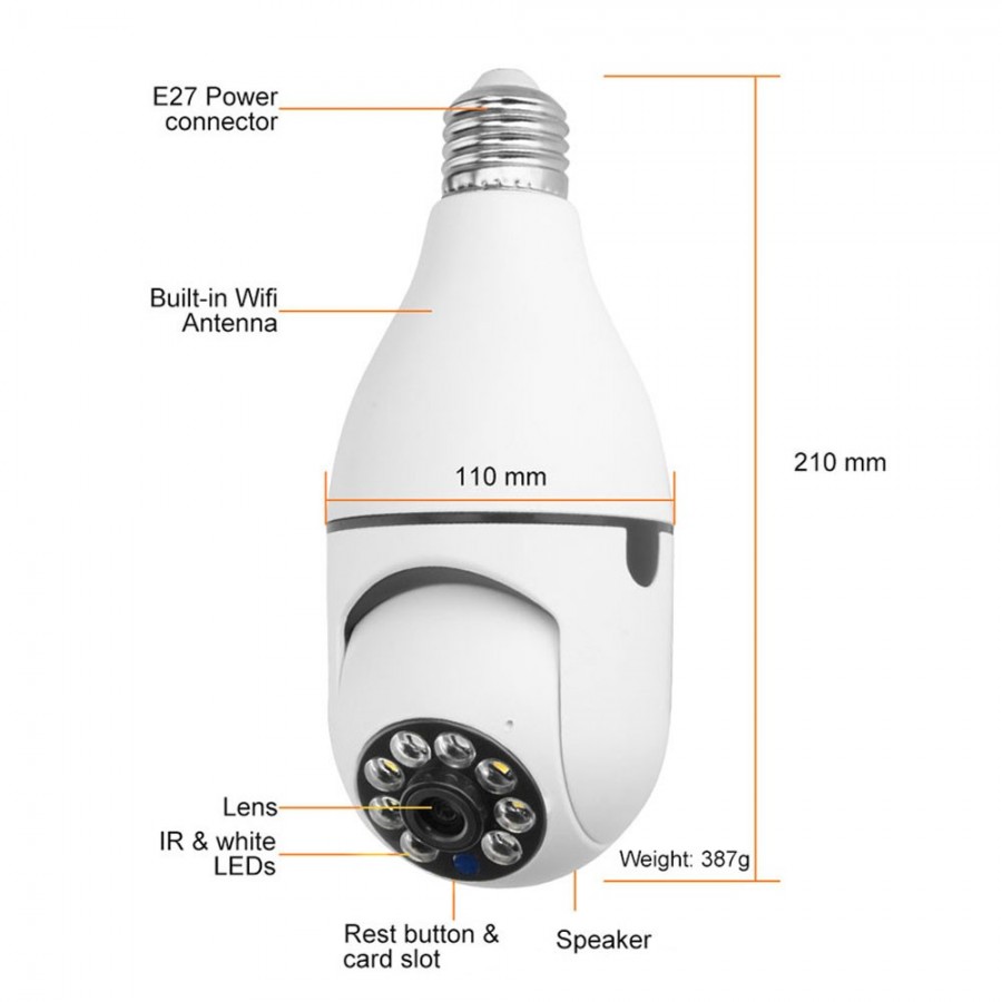 Smart security camera No brand PST-F1-3MP, 3.0Mp, PTZ, For socket E27, Wi-Fi, Tuya Smart, White (910290