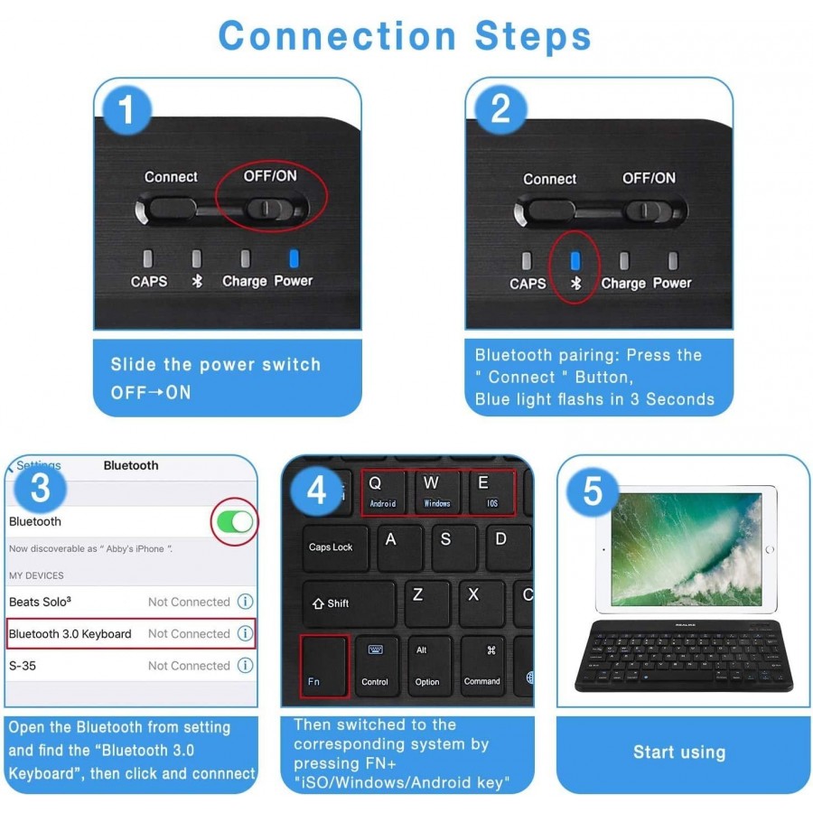 BK-100 Mini Bluetooth Keyboard Wireless Rechargeable Keyboard iOS, Android, Mac OS and Windows For Mobile, Tablet & TV WHITE