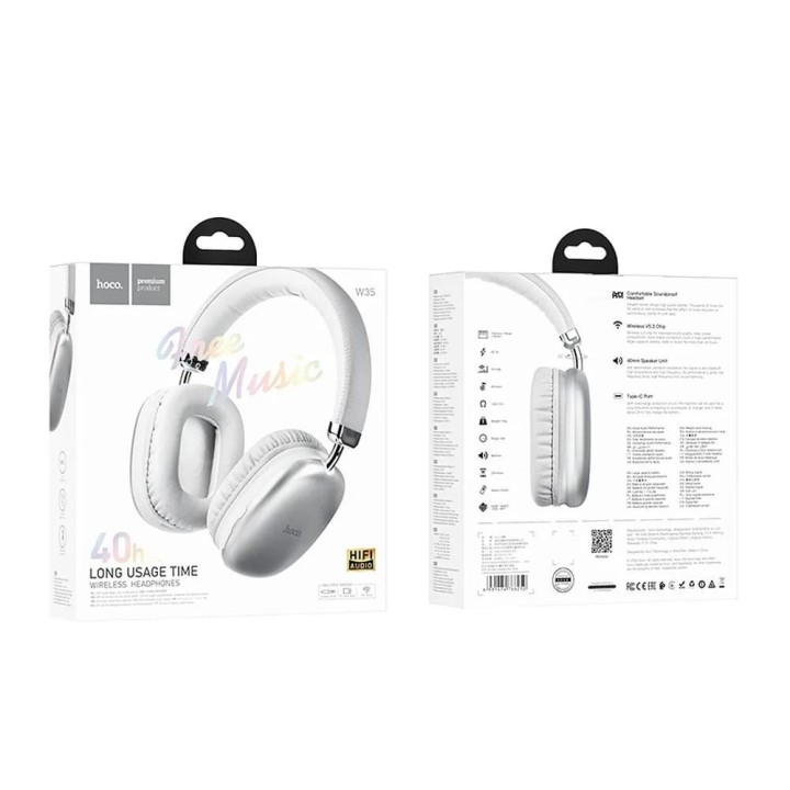 Hoco W35 Ασύρματα/Ενσύρματα Over Ear Ακουστικά με 40 ώρες Λειτουργίας Λευκό-Ασημί