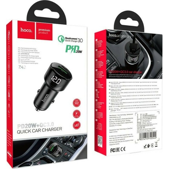 Hoco Φορτιστής Αυτοκινήτου Μαύρος Z42 Συνολικής Έντασης 3A Γρήγορης Φόρτισης με Θύρες: 1xUSB 1xType-C και Βολτόμετρο Μπαταρίας
