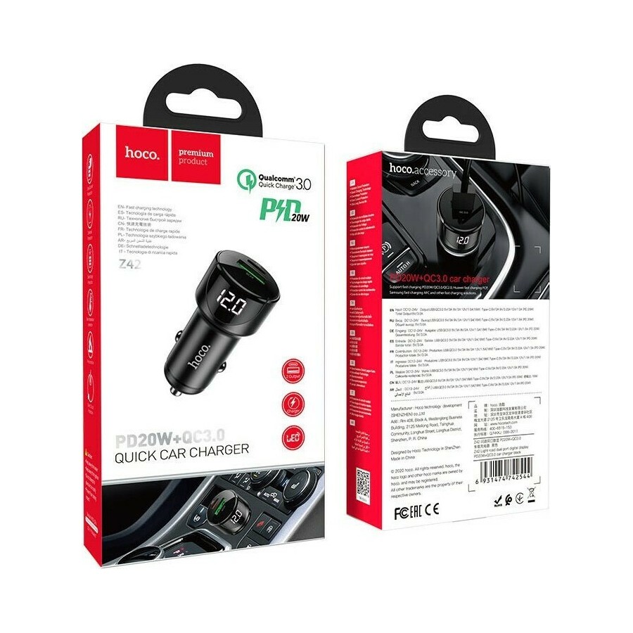 Hoco Φορτιστής Αυτοκινήτου Μαύρος Z42 Συνολικής Έντασης 3A Γρήγορης Φόρτισης με Θύρες: 1xUSB 1xType-C και Βολτόμετρο Μπαταρίας