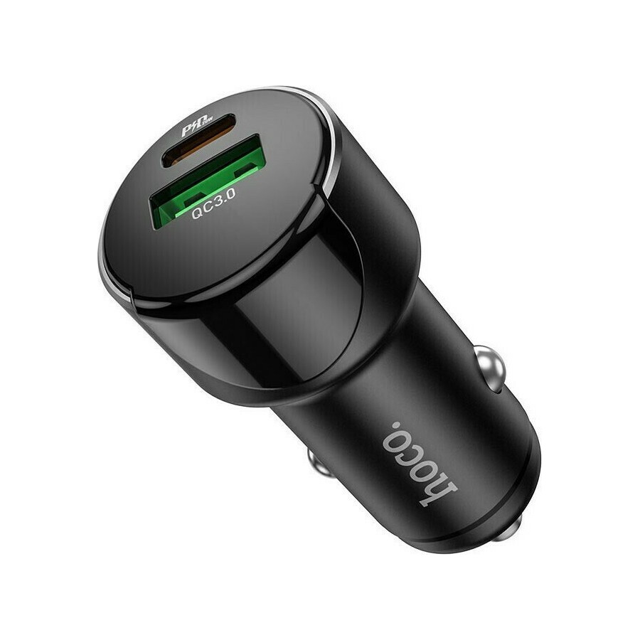 Hoco Φορτιστής Αυτοκινήτου Μαύρος Z42 Συνολικής Έντασης 3A Γρήγορης Φόρτισης με Θύρες: 1xUSB 1xType-C και Βολτόμετρο Μπαταρίας