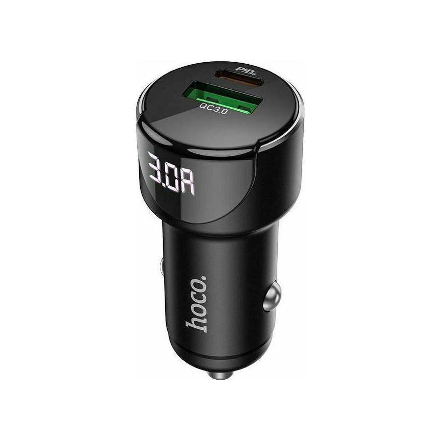 Hoco Φορτιστής Αυτοκινήτου Μαύρος Z42 Συνολικής Έντασης 3A Γρήγορης Φόρτισης με Θύρες: 1xUSB 1xType-C και Βολτόμετρο Μπαταρίας