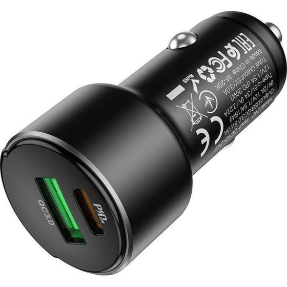 Hoco Φορτιστής Αυτοκινήτου Μαύρος Z42 Συνολικής Έντασης 3A Γρήγορης Φόρτισης με Θύρες: 1xUSB 1xType-C και Βολτόμετρο Μπαταρίας