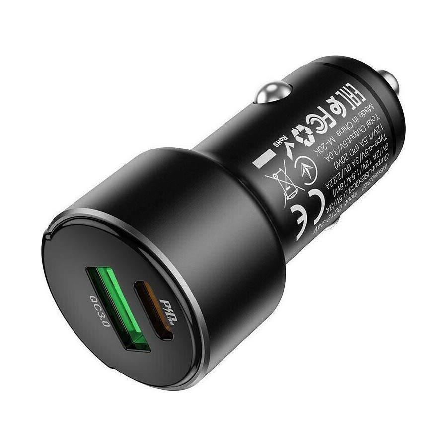 Hoco Φορτιστής Αυτοκινήτου Μαύρος Z42 Συνολικής Έντασης 3A Γρήγορης Φόρτισης με Θύρες: 1xUSB 1xType-C και Βολτόμετρο Μπαταρίας