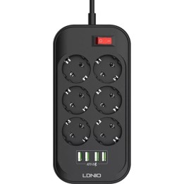 Ldnio Πολύπριζο Ασφαλείας 6 Θέσεων με Διακόπτη, 4 USB και Καλώδιο 2m Μαύρο