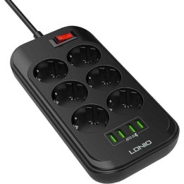 Ldnio Πολύπριζο Ασφαλείας 6 Θέσεων με Διακόπτη, 4 USB και Καλώδιο 2m Μαύρο