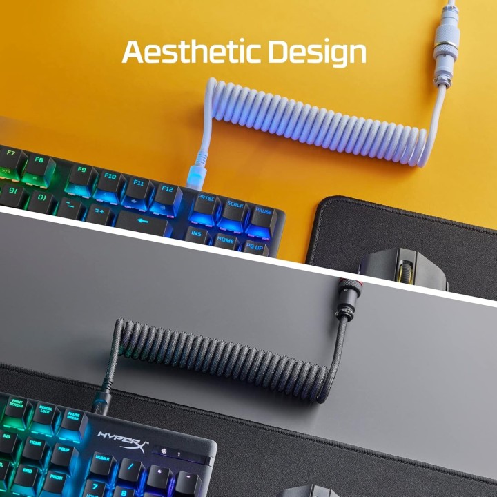 HyperX Coiled Cable - Durable Coiled Cable, Stylish Design, 5-Pin Aviator Connector, USB-C to USB-A - Grey/Black
