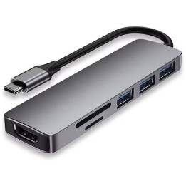 DeTech Docking Station, USB-C to 3x USB-A, 1x HDMI, 1x SD Reader, 1x MicroSD Reader, Gray(17851)