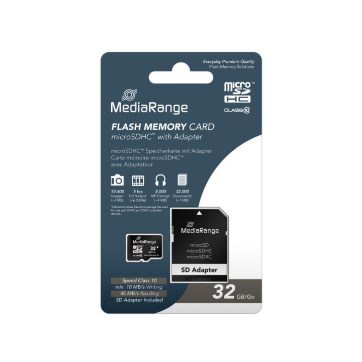 Memory Card Micro SDHC MediaRange 32GB Class 10 + SD Adapter MR959
