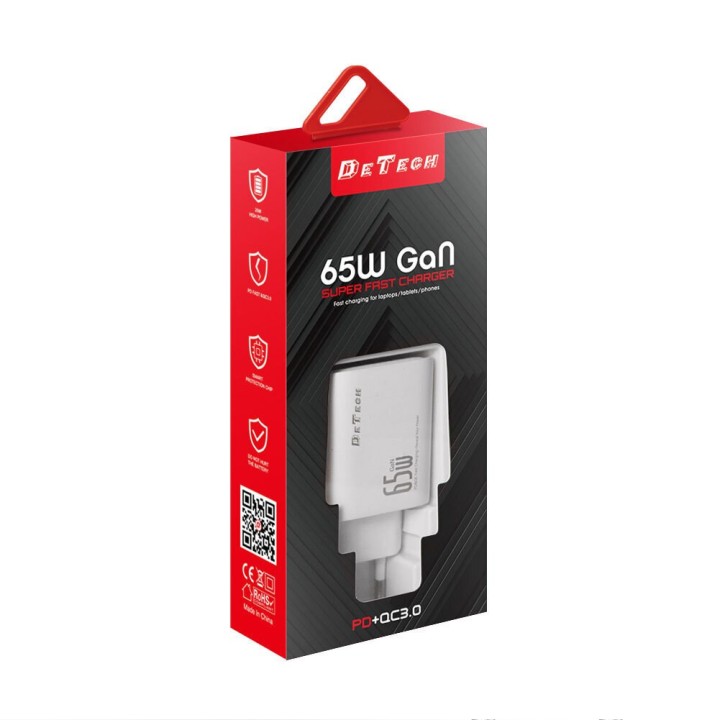 Φορτιστής DETECH Χωρίς Καλώδιο GaN με Θύρα USB-A και 2 Θύρες USB-C 65W Power Delivery Λευκός (DE-PD)