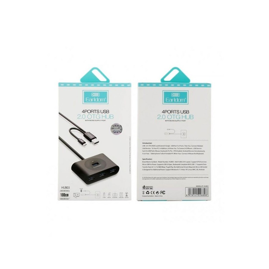 USB hub Earldom HUB03, USB 2.0, 4 θύρες, OTG,Μαυρο